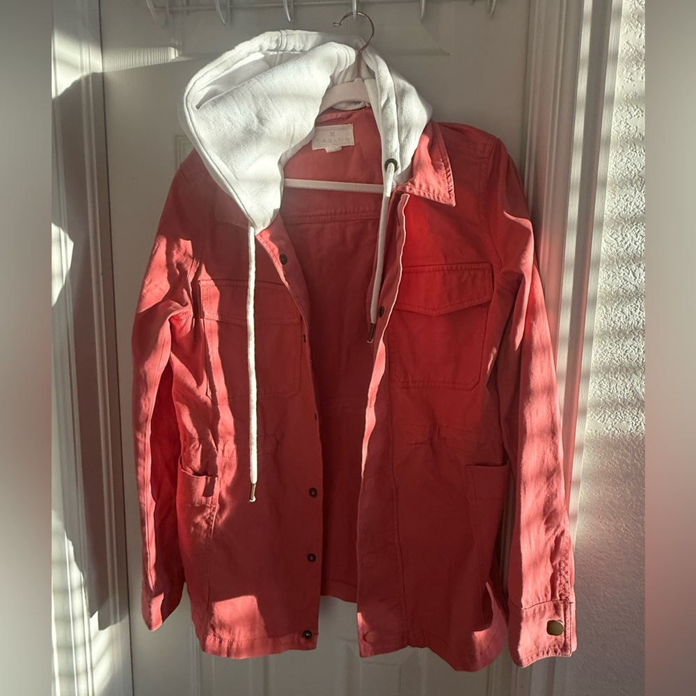 Coral Hooded Utility Jacket with White Hood